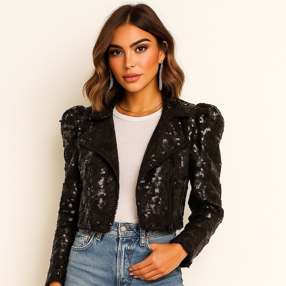 Blank NYC Jacket Women’s XS Black Sequin Puff Sleeve Crop Party Club Revolve NEW